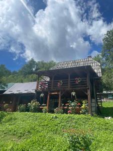 a house with a roof with flowers in a field at Dedina kuća 1937 in Mokra Gora