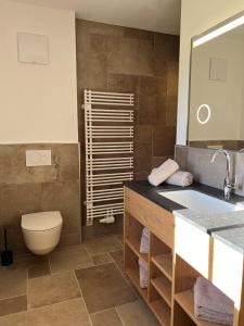 a bathroom with a toilet and a sink at Landhaus Huber in Fügen