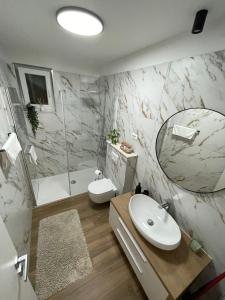 a bathroom with a sink and a toilet and a mirror at Apartments TOM in Mimice