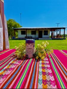 una mesa con flores encima de una manta en LA CABAÑA en Termas de Río Hondo