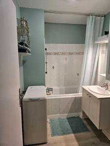 uma casa de banho com um chuveiro, um lavatório e um WC. em Appartement proche gare aéroport Mulhouse em Riedisheim