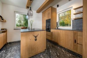 - une cuisine avec des placards en bois et un comptoir dans l'établissement Haus Leni am Paulsberg, à Braunlage