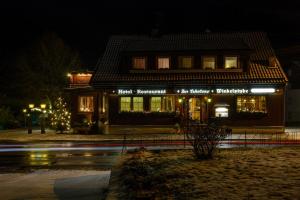 un bâtiment avec des lumières de Noël allumées la nuit dans l'établissement Haus Leni am Paulsberg, à Braunlage