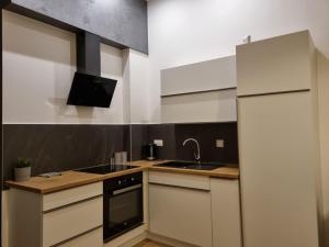 a kitchen with a sink and a refrigerator at Rukadel - Tadeusza Kościuszki in Wrocław