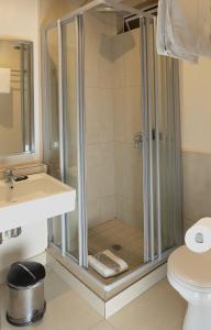 a bathroom with a shower with a sink and a toilet at Parade Hotel in Durban