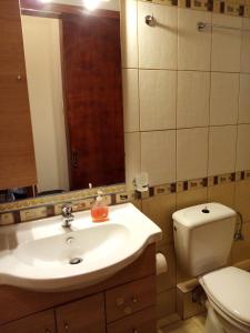 een badkamer met een wastafel, een toilet en een spiegel bij Olga's House in Preveza
