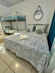 um quarto com uma cama e um beliche em La villa Loca Reunion em Saint-Joseph