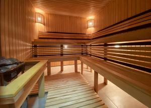 an empty sauna with wooden benches and lights at Vershyna in Dragobrat