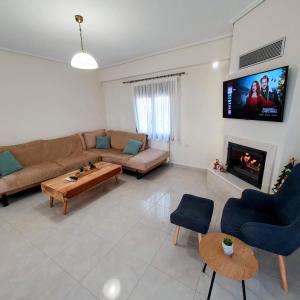 a living room with a couch and a fireplace at Volos Park Apartments in Volos