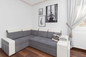 sala de estar con sofá gris y ventana en Spacious Apartment in the centre of Gdańsk by Rent like home en Gdansk