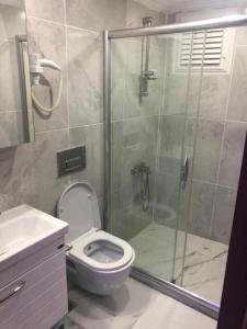 een badkamer met een douche, een toilet en een wastafel bij BlueRoyal Grand Bazaar in Istanbul