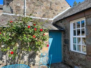 uma casa com uma porta azul e um arbusto com rosas vermelhas em Idyllic cosy bothy in remote beautiful surrounding em Amulree