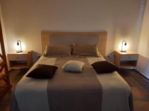 - une chambre avec un grand lit et deux lampes dans l'établissement Mirada al Champaqui, à Villa Yacanto