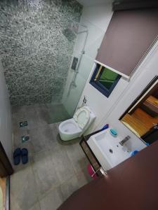een badkamer met een douche, een toilet en een wastafel bij Aell Homestay Vivacity in Kuching