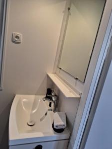 uma casa de banho com um lavatório e um espelho em Mobile home Chic em Canet-en-Roussillon