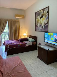 Schlafzimmer mit einem Bett und einem Flachbild-TV in der Unterkunft Sofea Inn Bukit Merah - Suria A7245 in Simpang Ampat Semanggol