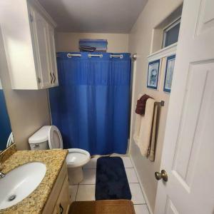 a bathroom with a toilet and a blue shower curtain at Pennys' Playhouse in Edinburg