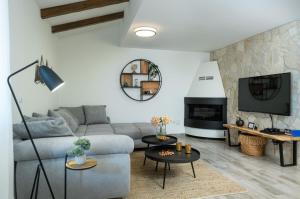 een woonkamer met een bank en een tv bij Villa Kalista Istriana in Mednjan
