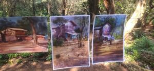 three paintings of a house in the woods at Hilltone panorama bungalow resort matheran in Matheran