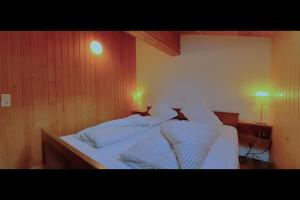 Un dormitorio con una cama blanca con dos luces. en Ferienwohnung Tschagguns Top 5, en Schruns