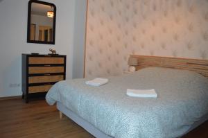 Dormitorio con cama con espejo y tocador en Les embruns, maison neuve près des plages, en Asnelles