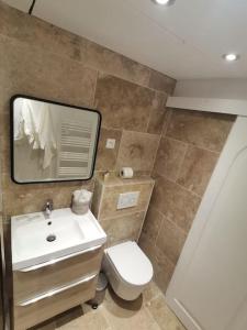 a bathroom with a sink and a toilet and a mirror at Chez L's in Menton +41 photos