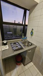 uma cozinha com um lavatório e uma grande janela em Edificio Presidente em Mendoza