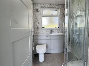 a white bathroom with a toilet and a window at Little Haven, one bed chalet in Dartmouth, Devon in Dartmouth