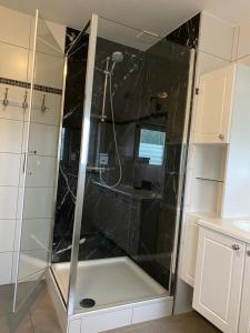 a shower with a glass door in a bathroom at Le Gîte du Vieux Chêne in Bertogne
