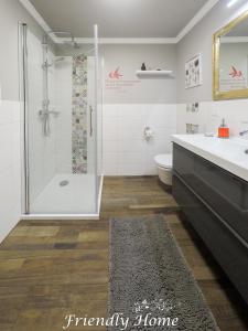 uma casa de banho com um chuveiro, um WC e um lavatório. em Friendly Home Doppel-Doppelappartement Union em Bornheim