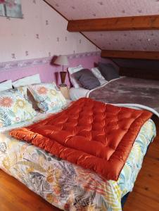 two beds in a room with a large red blanket at Chambres d'hôtes le Clos de la Presle, Compostelle in Saint-Georges-Haute-Ville