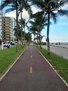 una carretera con palmeras al lado de una calle en CASA NA PRAIA GRANDE pé na areia, en Praia Grande