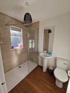 a bathroom with a shower and a toilet and a sink at Sunset Cottage in Stockton-on-Tees
