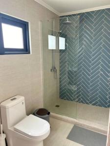 a bathroom with a toilet and a glass shower at Cuatro Islas Lodge del Mar Cabaña Isla Damas in Choros