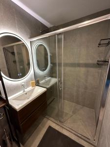 a bathroom with a shower and a sink and a mirror at Ecrin Alpin hyper centre d'Auron in Saint-Étienne-de-Tinée +56 photos