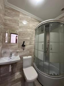 a bathroom with a toilet and a shower and a sink at Olko House in Yaremche