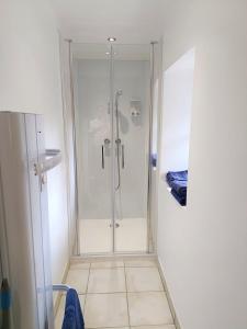 a shower with a glass door in a bathroom at Charmante petite maison 2 personnes in Chambourg-sur-Indre