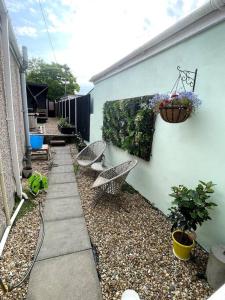 un patio con 2 sillas y una planta en Home in West by the Sea, en Llanelli
