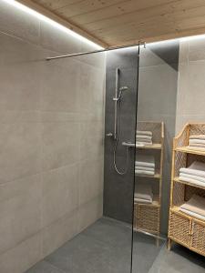 La salle de bains est pourvue d'une douche avec une porte en verre. dans l'établissement Wirtshäusl Maria Alm, à Maria Alm