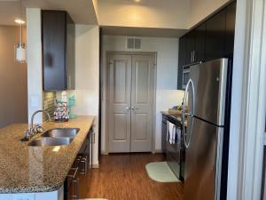 uma cozinha com um frigorífico de aço inoxidável e um lavatório em Luxe Getaway Astros NRG Galleria em Houston