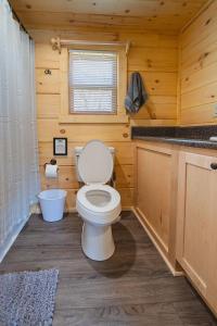 Baño con aseo en una cabaña de madera en Jake Cabin Luxury Hot Tub Cabin Near Downtown en Chattanooga