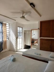 a bedroom with a large bed with a ceiling fan at Casa de Ines y Victoria in Valladolid