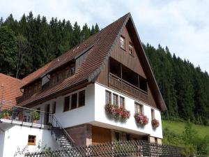a house with a brown roof and flower boxes at Vogtshof in Bad Rippoldsau-Schapbach