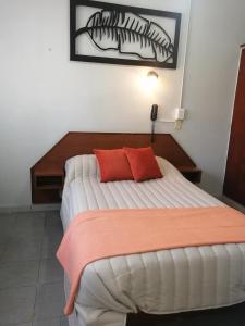 a bedroom with a bed with two red pillows on it at Suite en Hotel Omega Palermo in Buenos Aires +10 photos