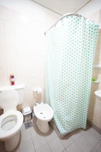 a bathroom with a toilet and a shower curtain at LEAD Pods Hostel in Salta