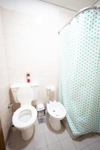 a bathroom with a toilet and a shower curtain at LEAD Pods Hostel in Salta