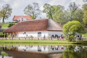 TuraidaにあるNice holiday home in Turaidaの池を前に建つ建物