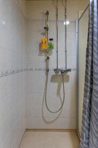 een douche in een badkamer met een glazen deur bij Tuomas´ luxurious suites, Luppo in Rovaniemi