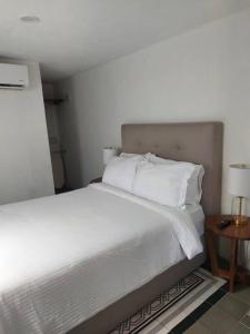 een slaapkamer met een groot bed met witte lakens en kussens bij Casa Monarcas - Diana (with AC) in Guadalajara