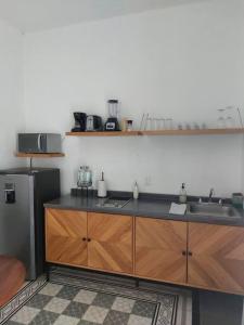a kitchen with a counter with a sink and a refrigerator at Casa Monarcas - Diana (with AC) in Guadalajara